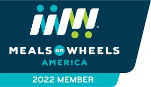 Meals on Wheels America 2022 Member badge - a blue box with Meals on Wheels Logo in white, blue and green.