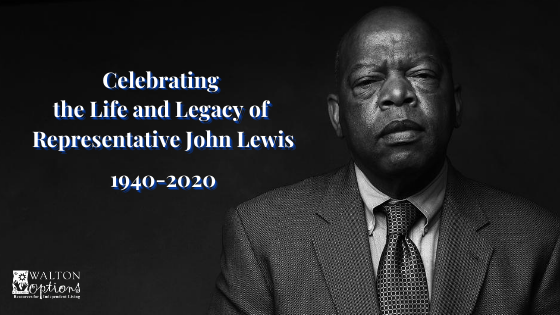 Black graphic with a black and white image of John Lewis. Reads, "Celebrating The Life & Legacy of Representative John Lewis"