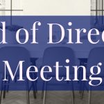 Background image of an empty conference room with table and chairs with a blue text box later with white text - Board of Directors' Meeting