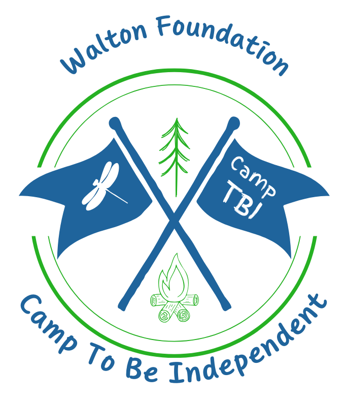 Walton Foundation Camp to be independent logo. In the center is a circle with two flags one with a dragon fly and the other with text that reads; Camp TBL