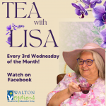 Image has a tan background. Purple text on the left reads: Tea with Lisa. Every 3rd Wednesday of the month! Watch on Facebook Images on the right is a photo of a woman holding a purple teacup. The background is a garden with purple flowers. On top is a watercolor drawing of a purple orchid and flowers.