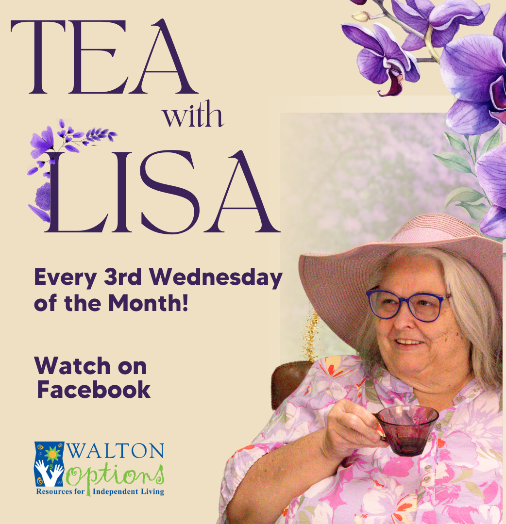 Image has a tan background. Purple text on the left reads: Tea with Lisa. Every 3rd Wednesday of the month! Watch on Facebook Images on the right is a photo of a woman holding a purple teacup. The background is a garden with purple flowers. On top is a watercolor drawing of a purple orchid and flowers.