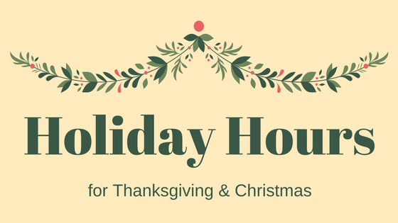 Blog Header: light brown background with an illustration of a holly string above the dark green text: Holiday Hours for Thanksgiving & Christmas