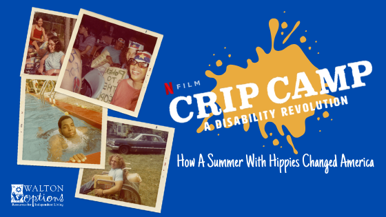 Crip Camp blog header. Old Polaroid images of kids at summer camp. Paint splatter of Crip Camp: A Disability Revolution.