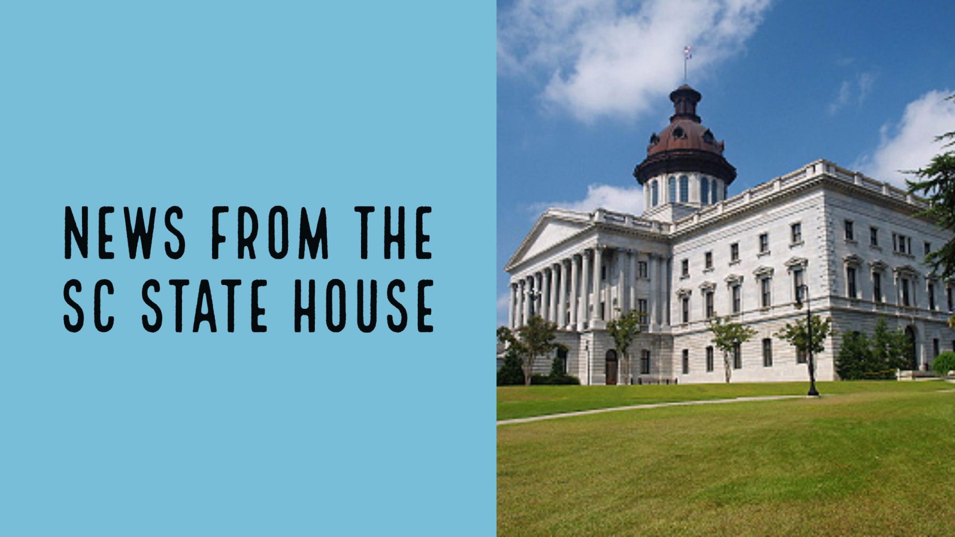 Image of the South Carolina State Capitol on the right with a blue text box to the left with text News from the SC State House