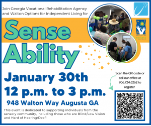 SenseAbility text next to two pictures of people at resource fair and underneath text reads January 30th 12 pm to 3 pm 