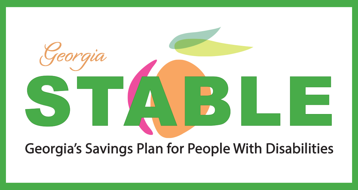 The Georgia STABLE logo: a white box with green border. An illustration of a peach in pink, peach and green colors is in the background with text over it: Georgia STABLE , Georgia's Savings Plan for People with Disabilities