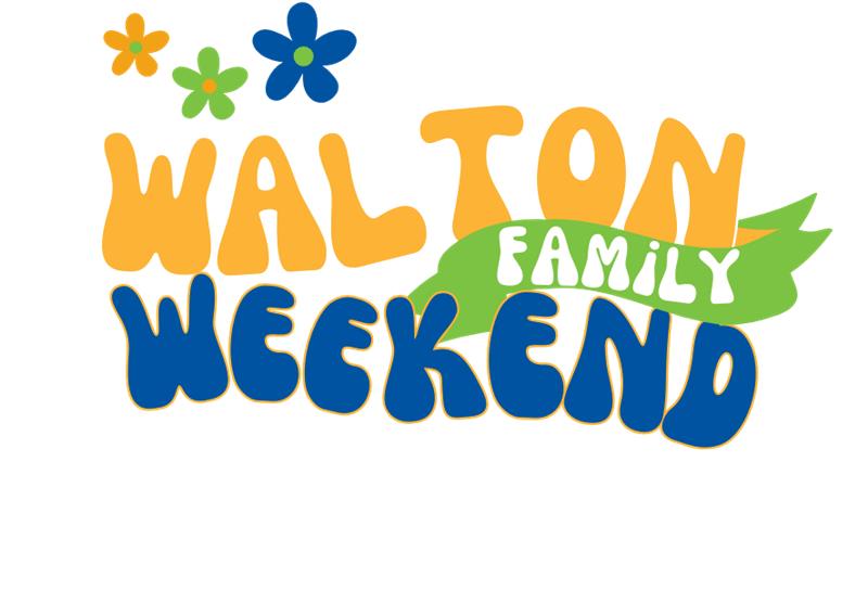 The words Walton Family Weekend in a fun font colored in orange, green and blue, with flowers above.