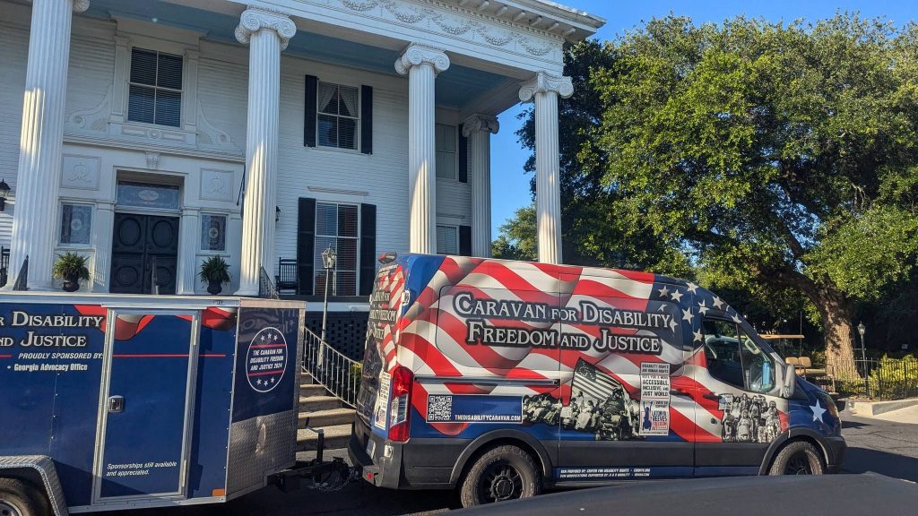 The Caravan for Disability Freedom and Justice parked in front of Lookaway Hall. A Beaux-Arts style historic home located in North Augusta, SC