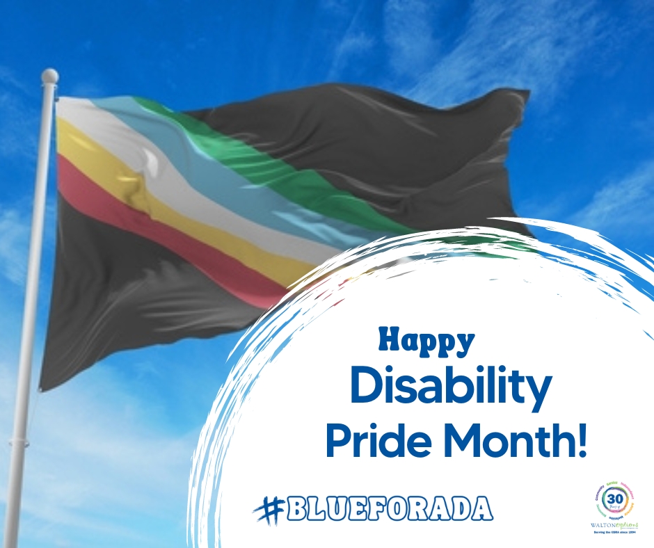 Image background is a photo of the Disability Pride flag on a flag pole moving in the breeze. A white paint swirl is in the foreground with blue text that reads; Happy Disability Pride Month! #blueforADA