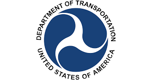 Blue logo for the United States of America Department of Transportation in blue, white and black