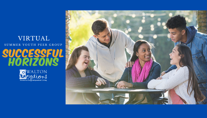 Image of young adults sitting around table smiling and laughing. Banner reads "Virtual Summer Youth Peer Groups, Successful Horizons" White Walton Options logo sits below.